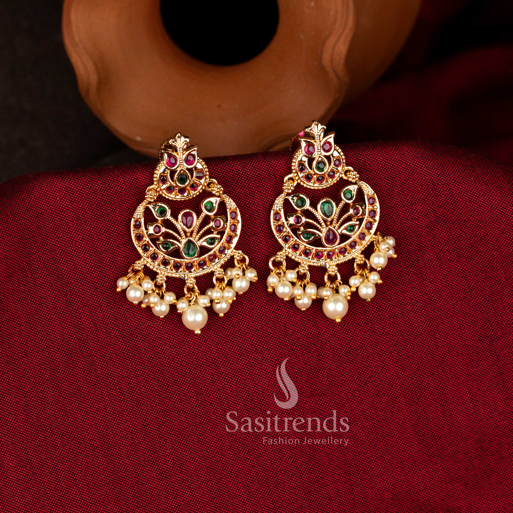 Glamorous micro gold plated American Diamond chandbali earrings with pearl drops in multi tones ideal for festive events, cultural gatherings, and wedding parties – Sasitrends
