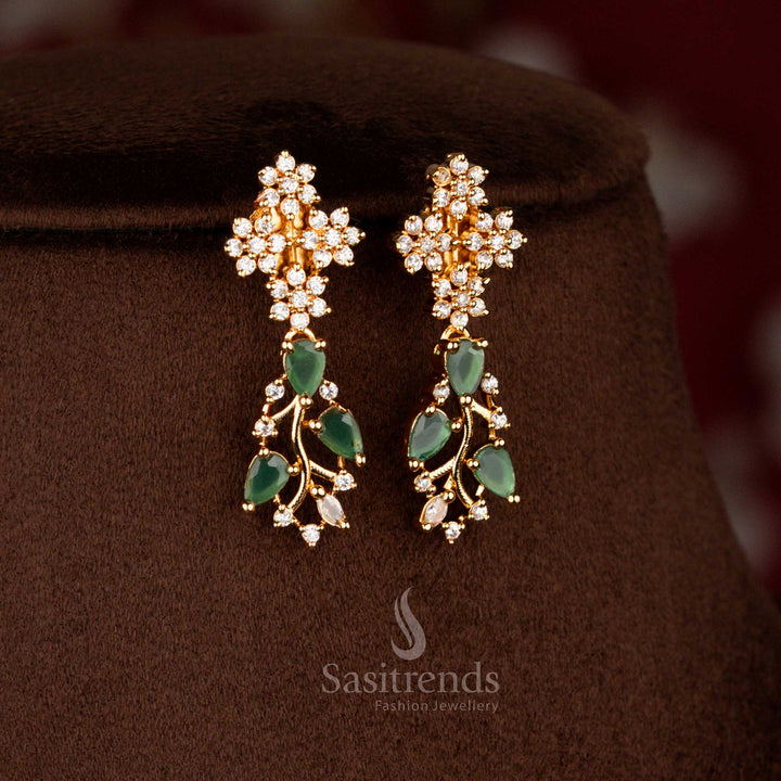 Captivating micro gold American diamond scalloped drop earrings in white green combination suited for parties and gatherings – Sasitrends