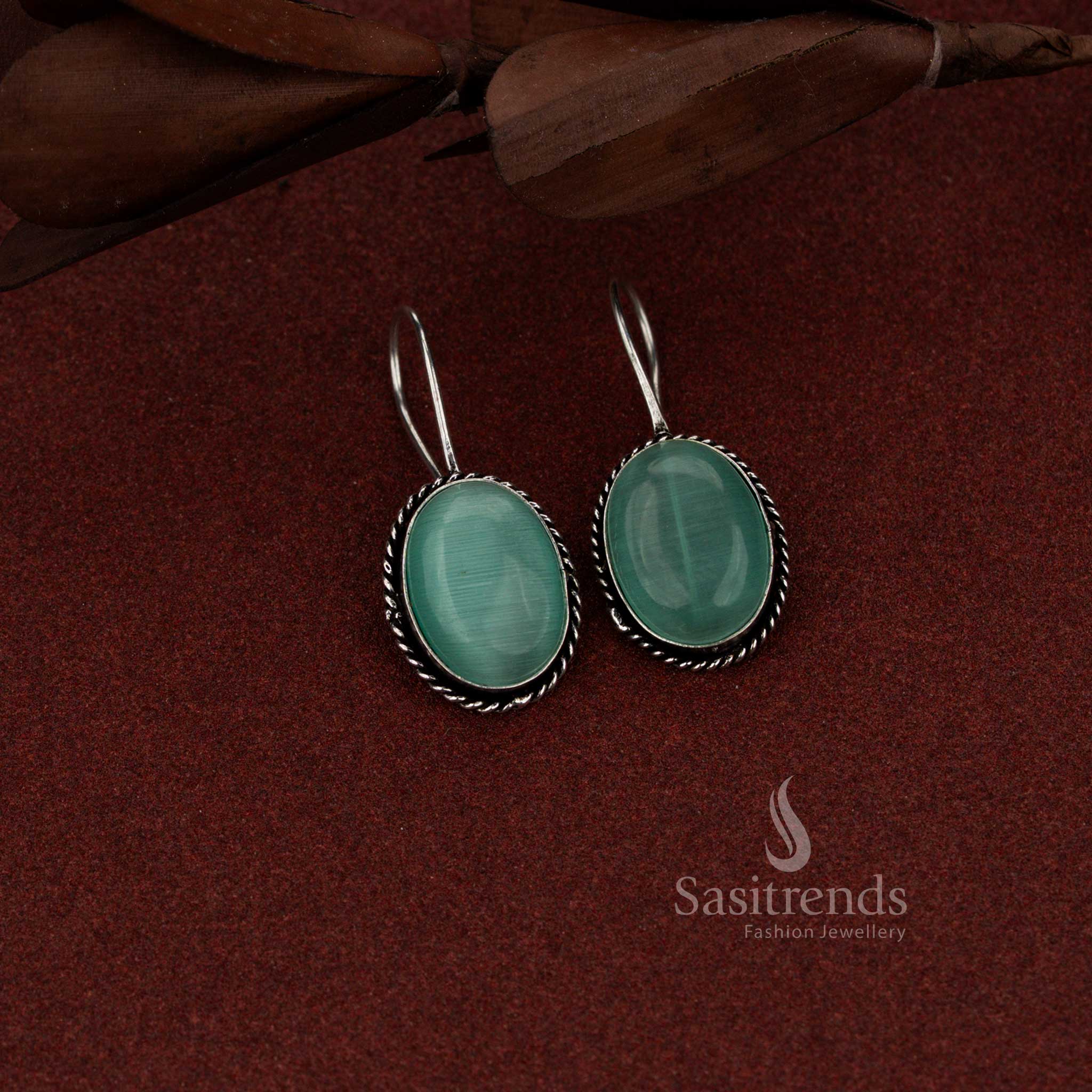 Fresh oxidised oval stone rope border drop earrings mint ideal for daily elegance, office outfits and soft casual fashion – Sasitrends