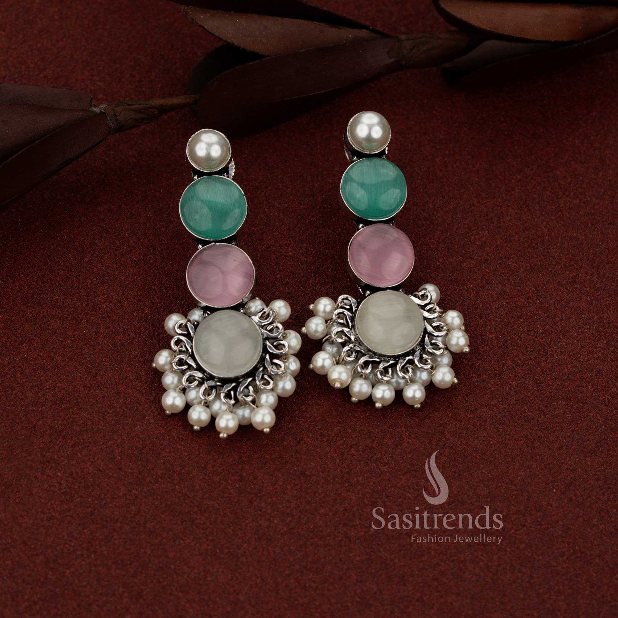 Radiant oxidised silver 3 tier round stone with pearl drop earrings pink-mint-white perfect for office styling, daily use and casual moments – Sasitrends