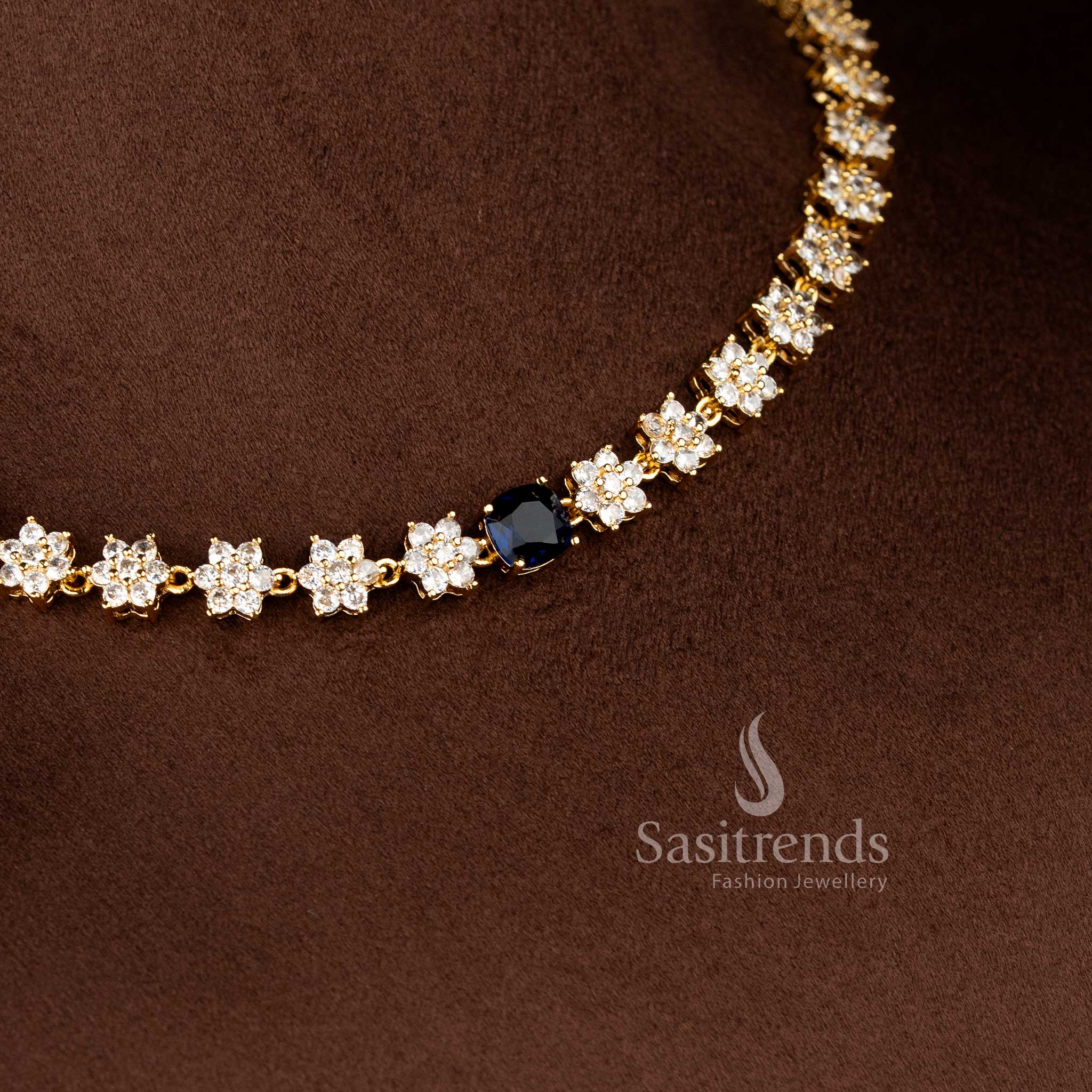 Elegant blue American diamond matte gold plated floral necklace set for women, perfect for wedding guest looks – Sasitrends