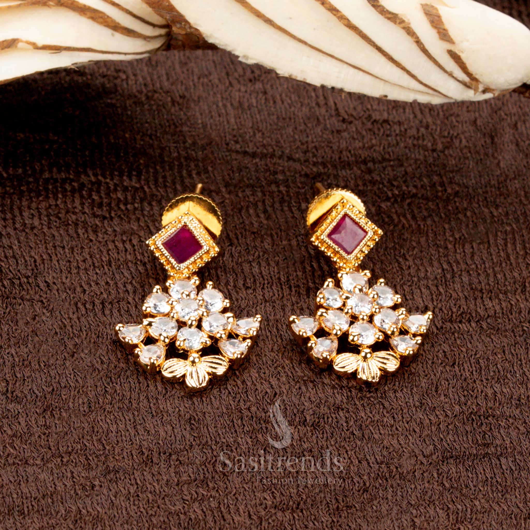 Exquisite American Diamond earrings set featuring a radiant floral cluster design with vibrant multi-color stones and elegant square accents, a dazzling choice for bridal fashion and grand festive occasions - Sasitrends