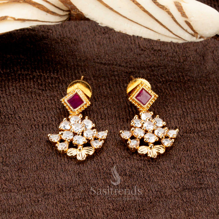 Exquisite American Diamond earrings set featuring a radiant floral cluster design with vibrant multi-color stones and elegant square accents, a dazzling choice for bridal fashion and grand festive occasions - Sasitrends