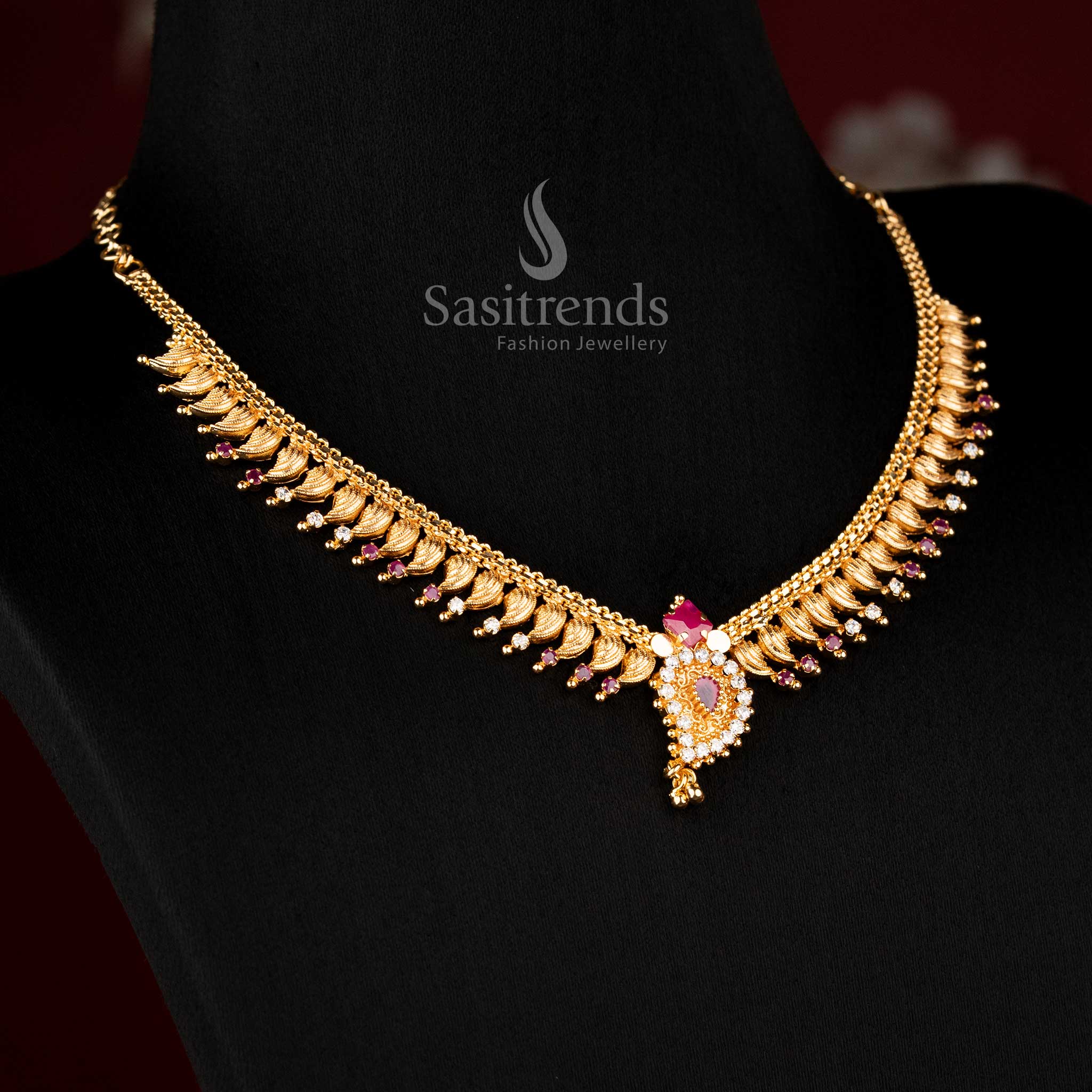 Traditional micro gold plated white ruby leaf fringe necklace with AD stone studded pattern, beautiful for festive celebrations – Sasitrends