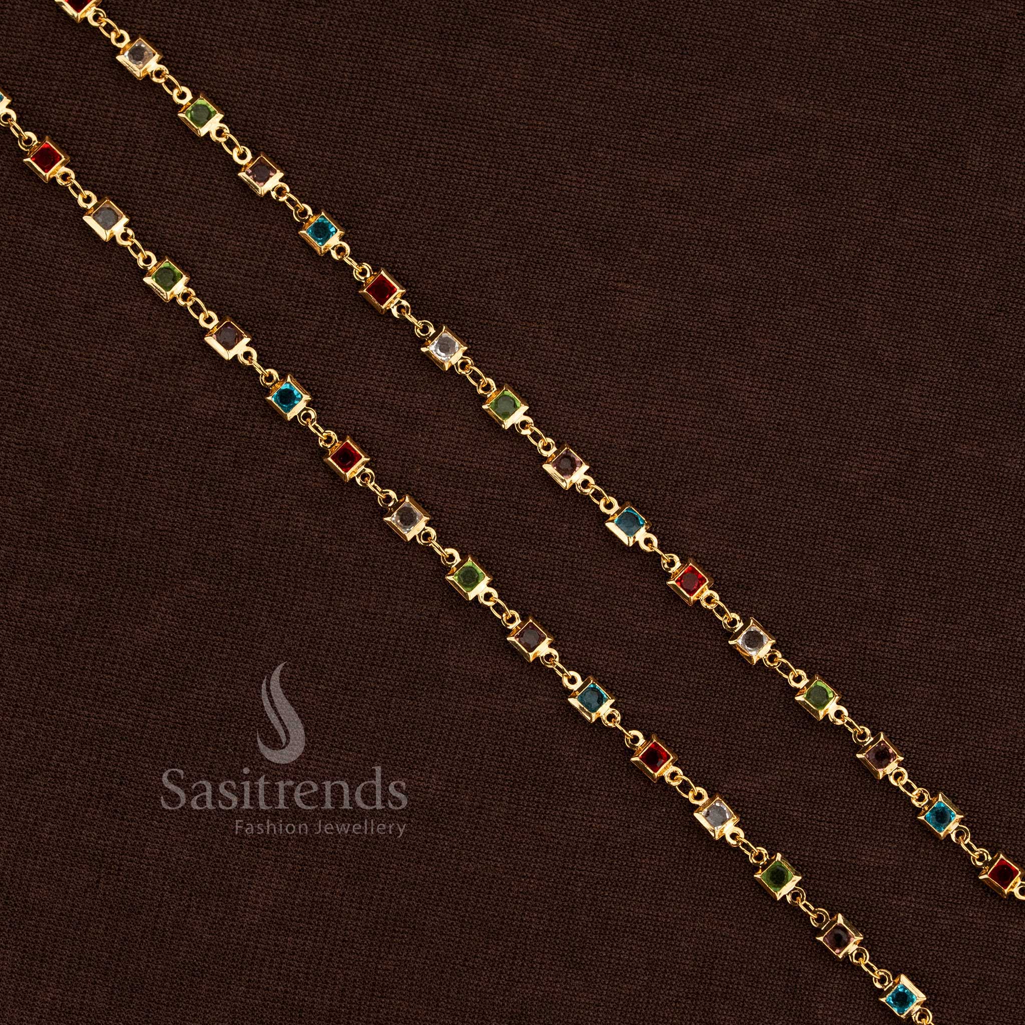 Elegant One Gram Gold Plated Navaratna Anklet Pair With Vibrant Multi-Stone Accents And A Sleek Designer Link Pattern, Offering A Charming Blend Of Colour And Craft – Sasitrends