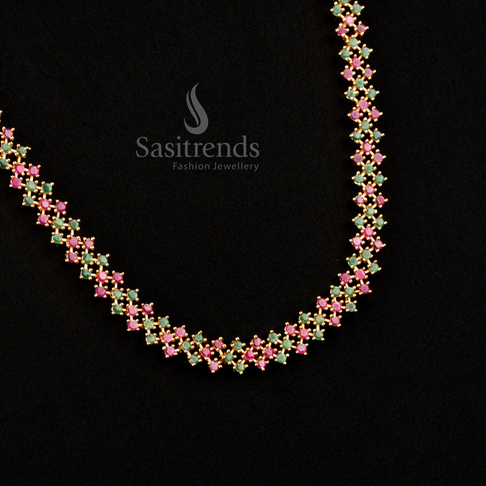 American Diamond Micro Gold Plated Ruby-Green Jewellery Set With Geometric Cluster Design Designed For Traditional And Bridal Wear - Sasitrends