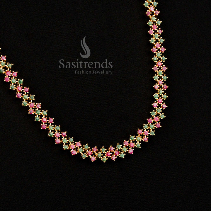 American Diamond Micro Gold Plated Ruby-Green Jewellery Set With Geometric Cluster Design Designed For Traditional And Bridal Wear - Sasitrends
