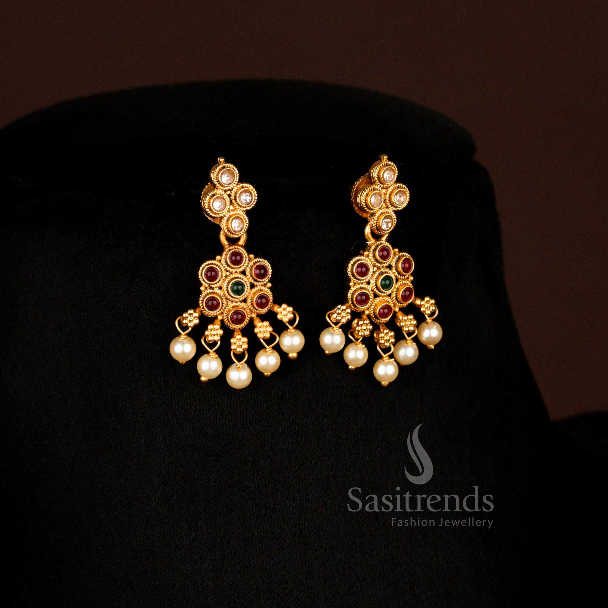 Elegant Temple Matte Gold Plated Circular Stone Floral Pearl Ruby Green Bridal Earrings Set Jewellery – Sasitrends