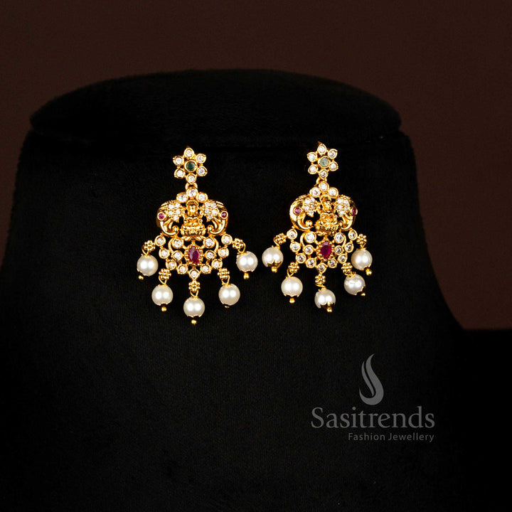Handcrafted South Indian Matte Gold Plated Lakshmi Coin Floral AD Stone Necklace Set For Brides And Women – Sasitrends