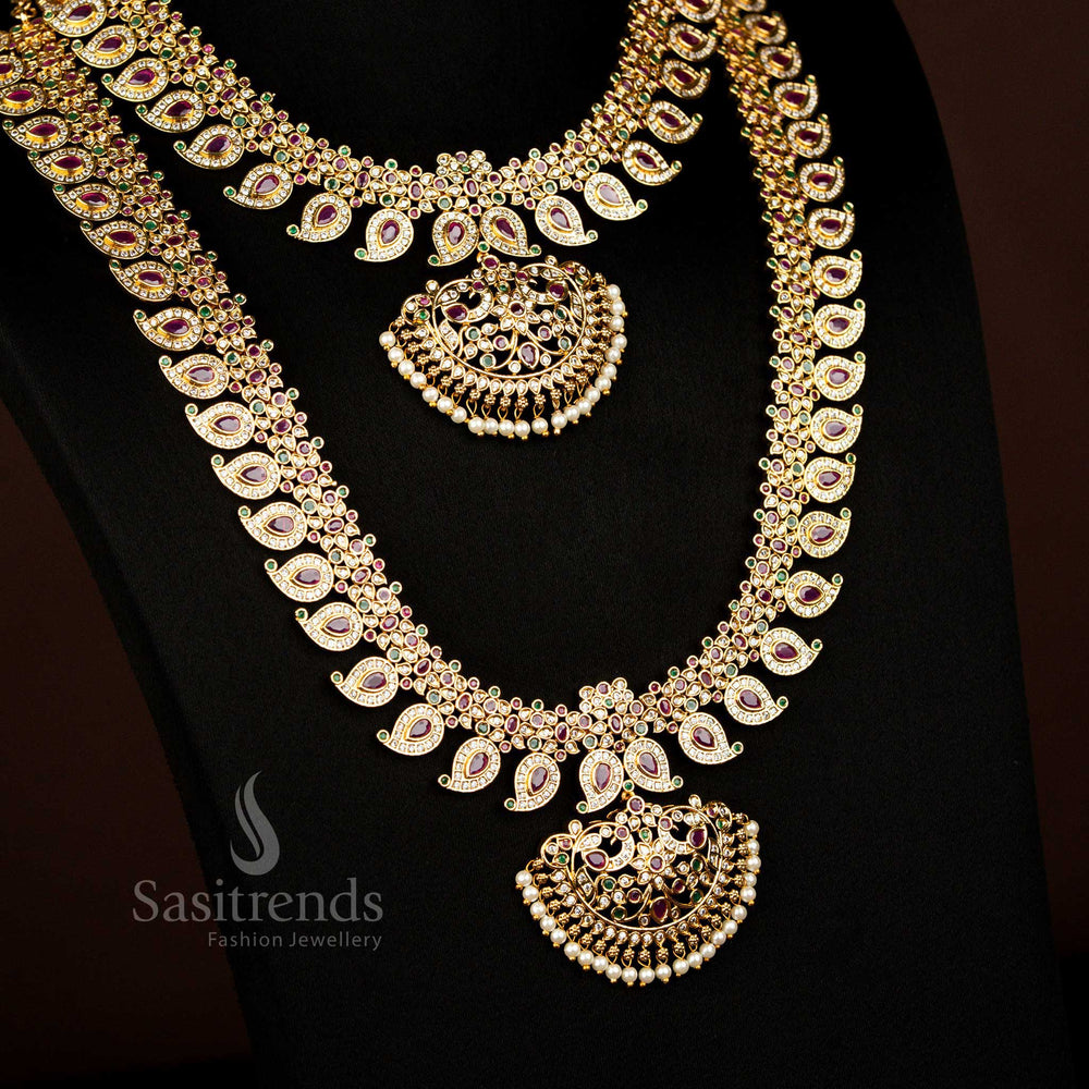 Premium Temple Matte Gold Plated Peacock Mango Short Long Combo Necklace Jewellery Set Multi Colour Version For Wedding And Bridal Wear By Sasitrends