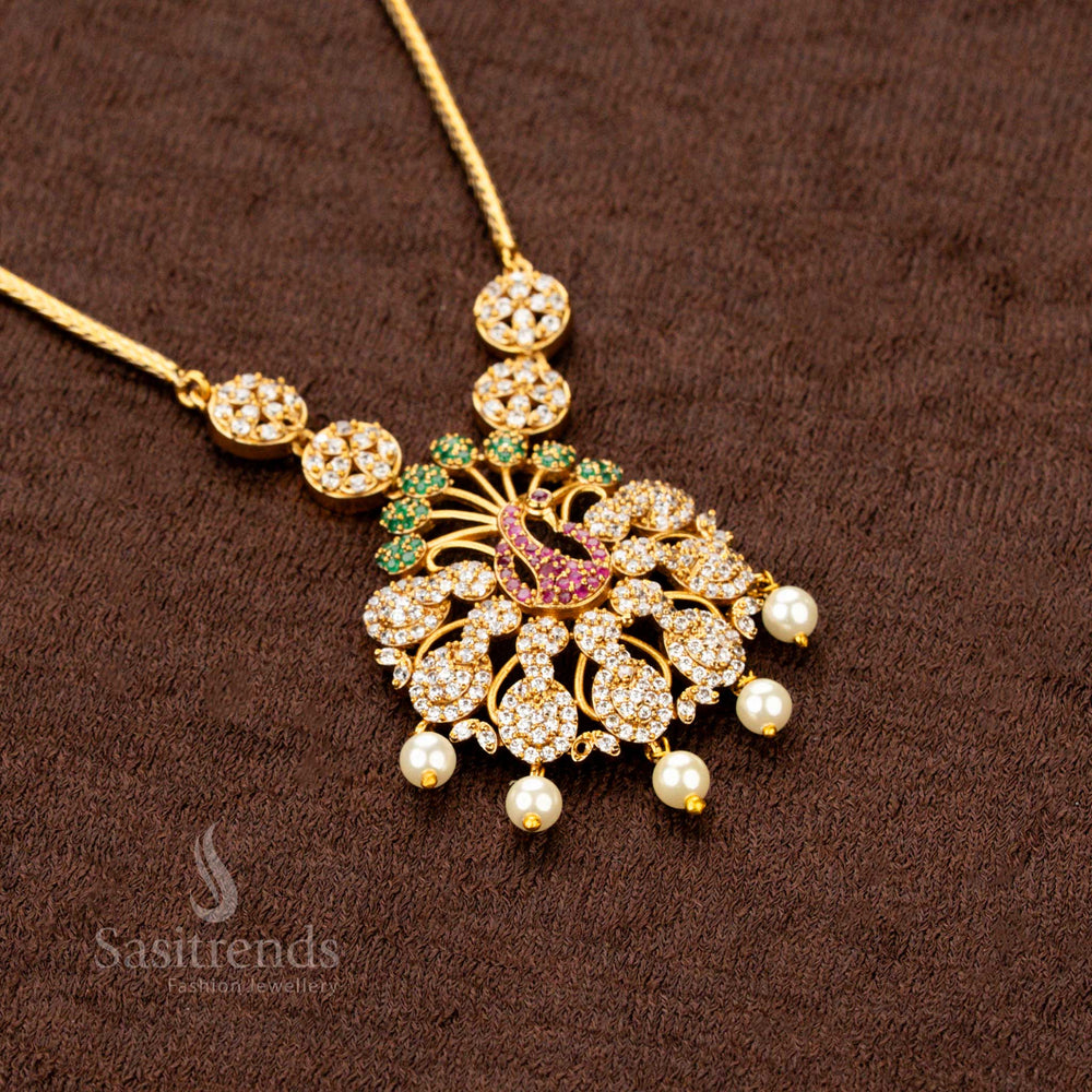 Grand and traditional matte gold plated peacock pendant jewellery set featuring radiant multi-color AD stone accents, designed for fashionable party wear, exclusive celebrations - Sasitrends