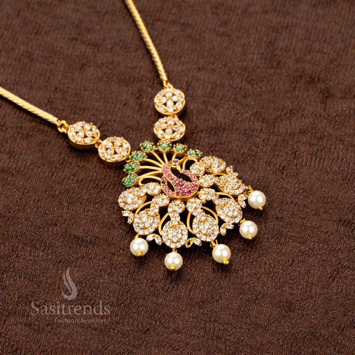 Grand and traditional matte gold plated peacock pendant jewellery set featuring radiant multi-color AD stone accents, designed for fashionable party wear, exclusive celebrations - Sasitrends