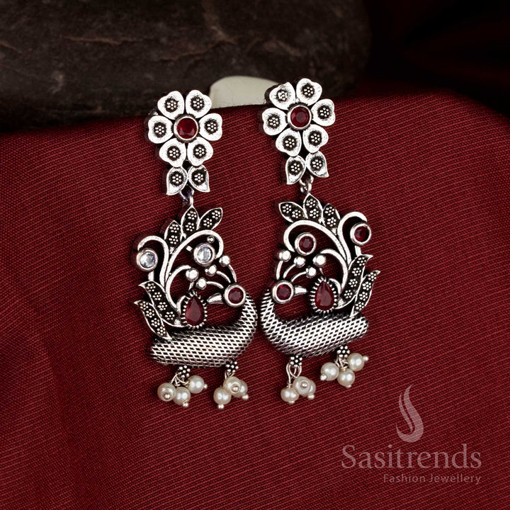 Sacred contrast oxidised silver ruby white floral peacock pearl earrings jewellery - Sasitrends
