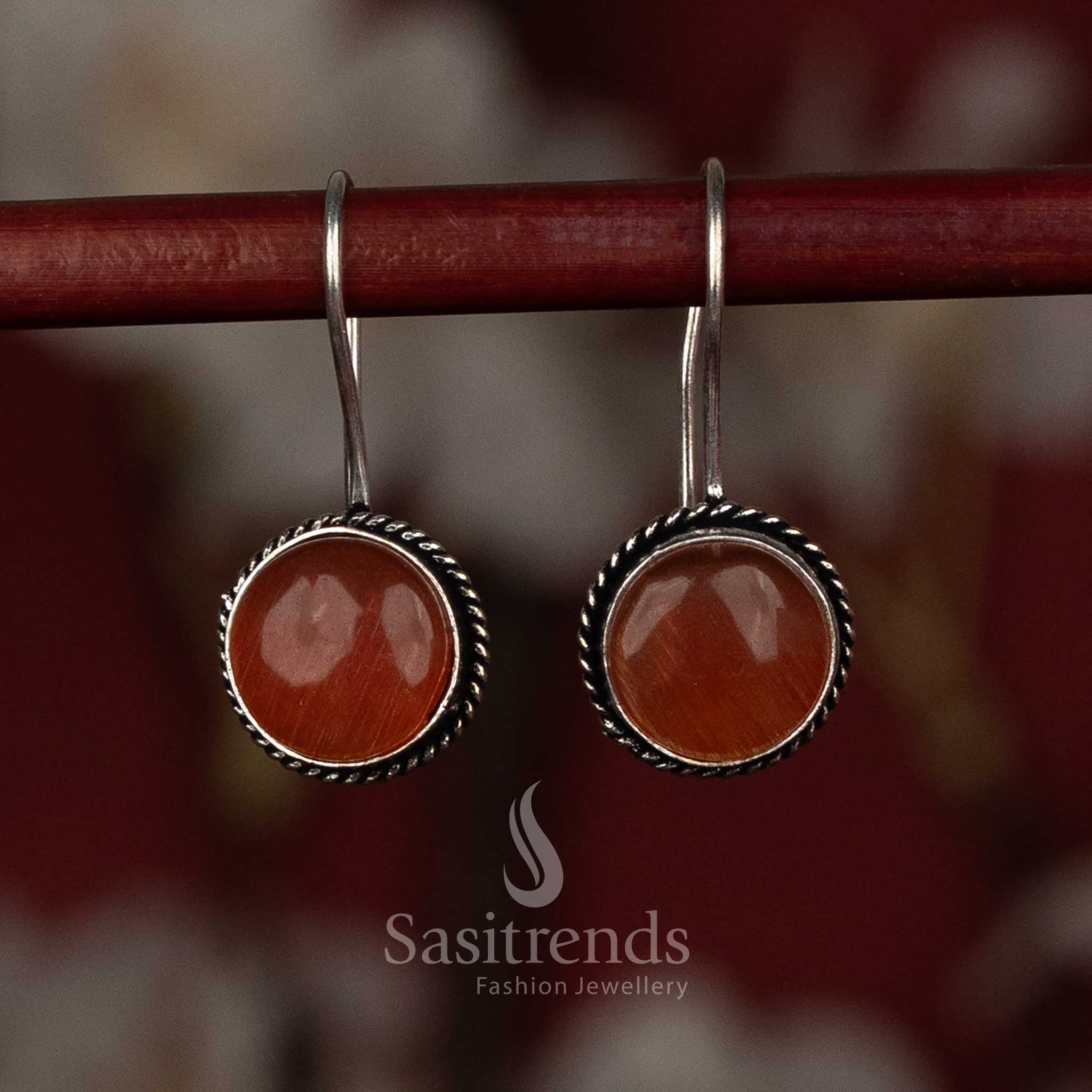 Elegant oxidised german silver circular designer earrings with monalisa stone brown colour for traditional ethnic wear Sasitrends