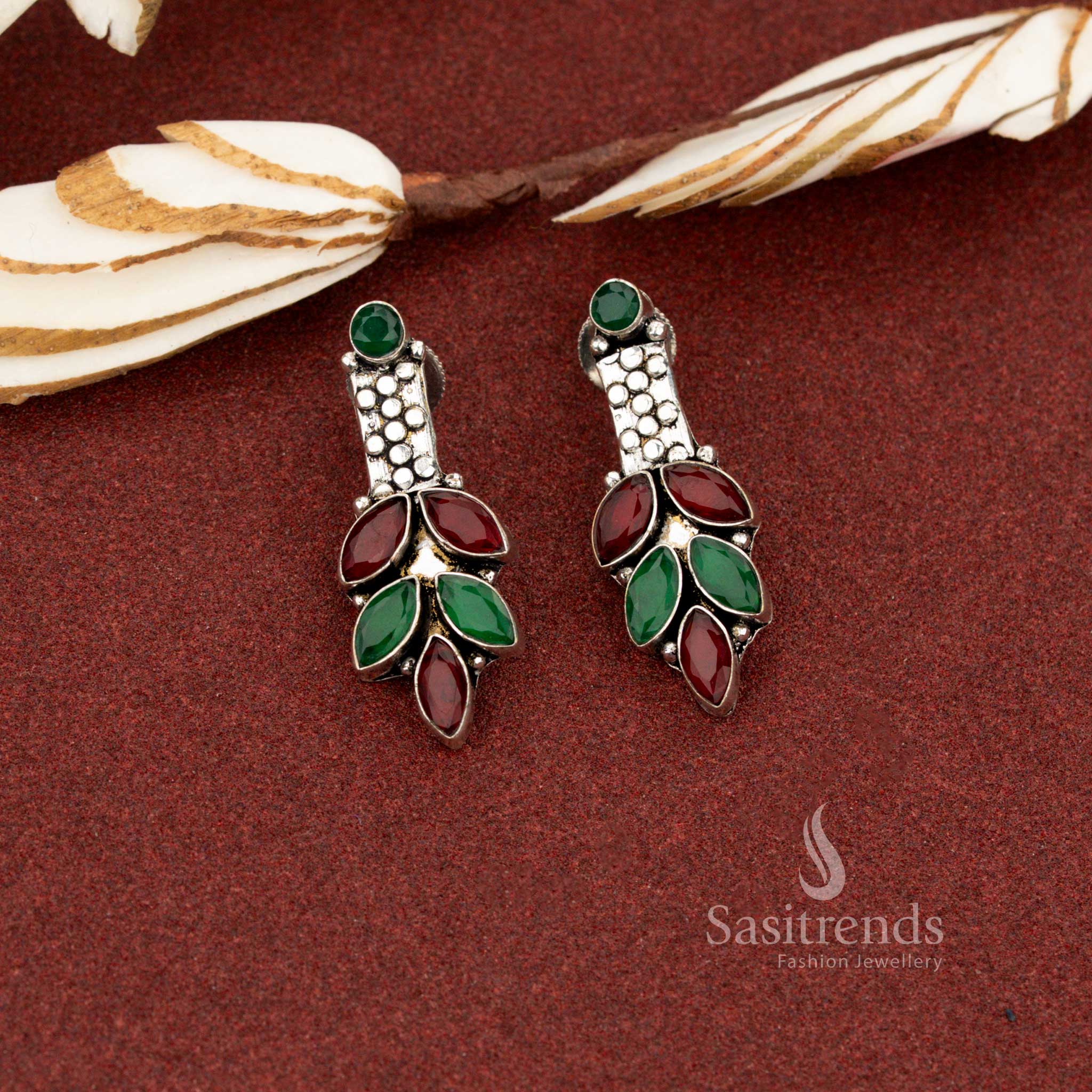 Distinctive ruby green oxidised marquise leaf cluster stone earrings suited for elegant workplace styling and formal outfits – Sasitrends
