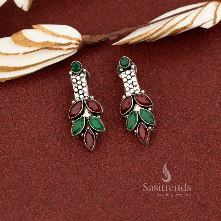 Distinctive ruby green oxidised marquise leaf cluster stone earrings suited for elegant workplace styling and formal outfits – Sasitrends