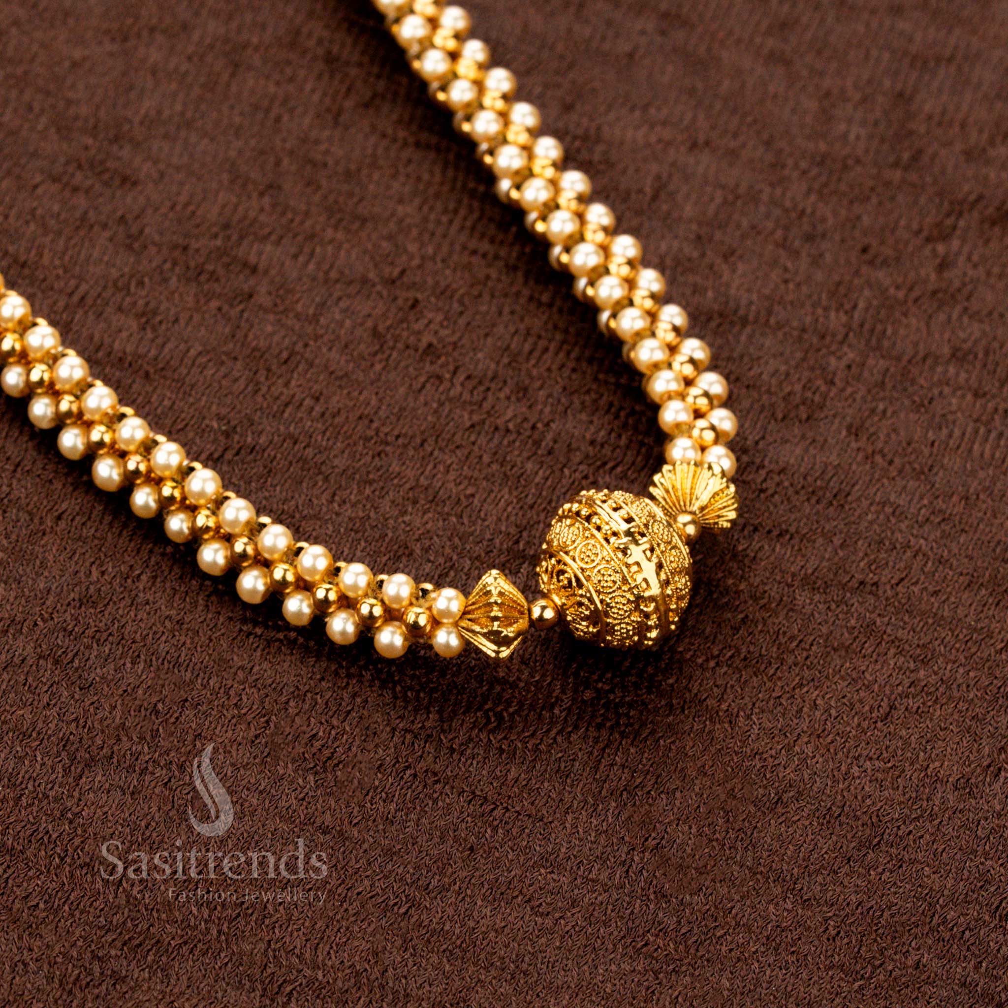 Opulent Antique Gold Plated Temple Necklace adorned with pearl balls  – Traditional craftsmanship for cultural occasions – Sasitrends