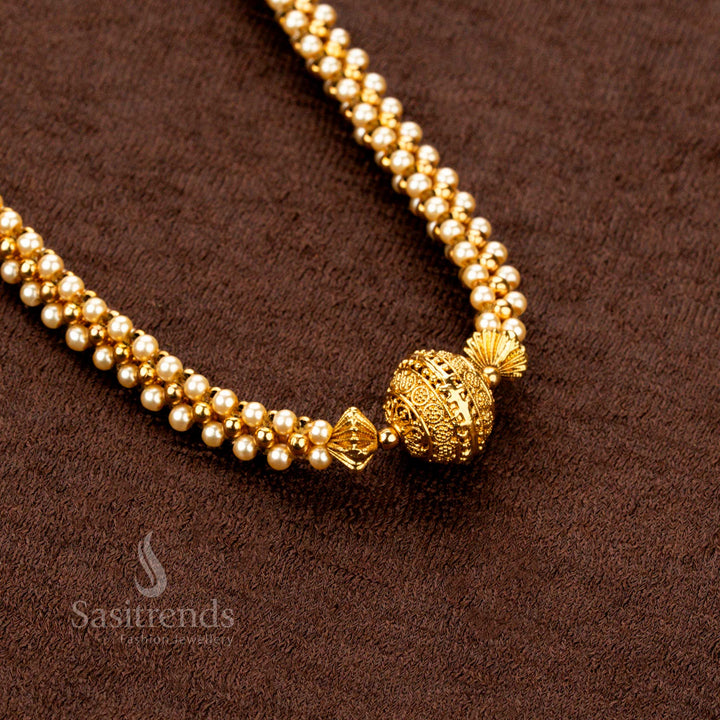 Opulent Antique Gold Plated Temple Necklace adorned with pearl balls  – Traditional craftsmanship for cultural occasions – Sasitrends