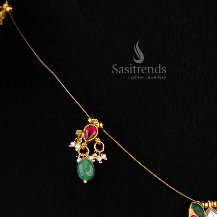 Luminous Jadau 24K gold plated invisible chain necklace with pearl touched motifs, designed to elevate saree styling for special occasions – Sasitrends