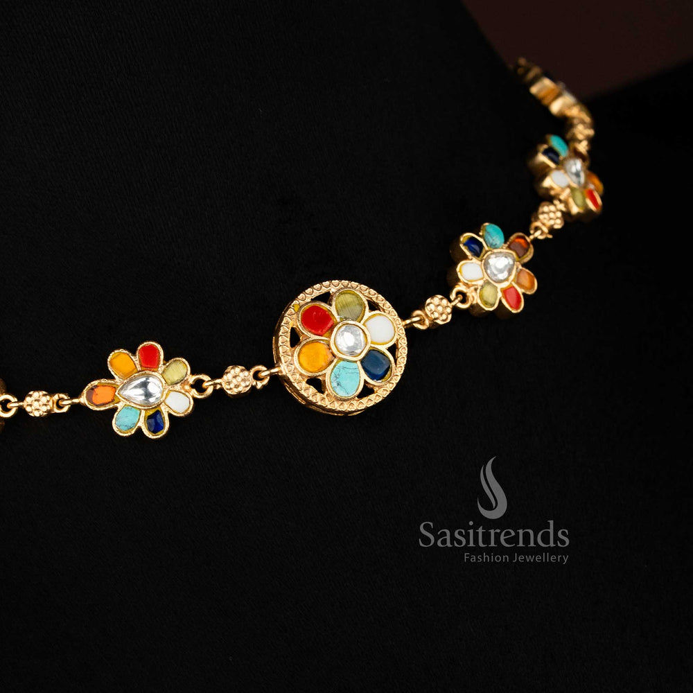 Majestic Jadau 24K gold plated round floral necklace with Navarathna accents, ideal for cultural ceremonies and temple festivities – Sasitrends