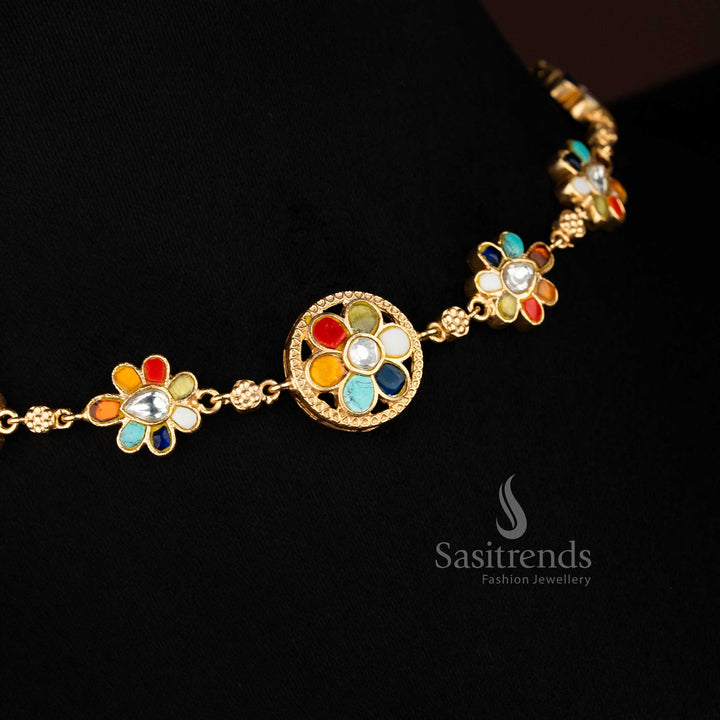 Majestic Jadau 24K gold plated round floral necklace with Navarathna accents, ideal for cultural ceremonies and temple festivities – Sasitrends