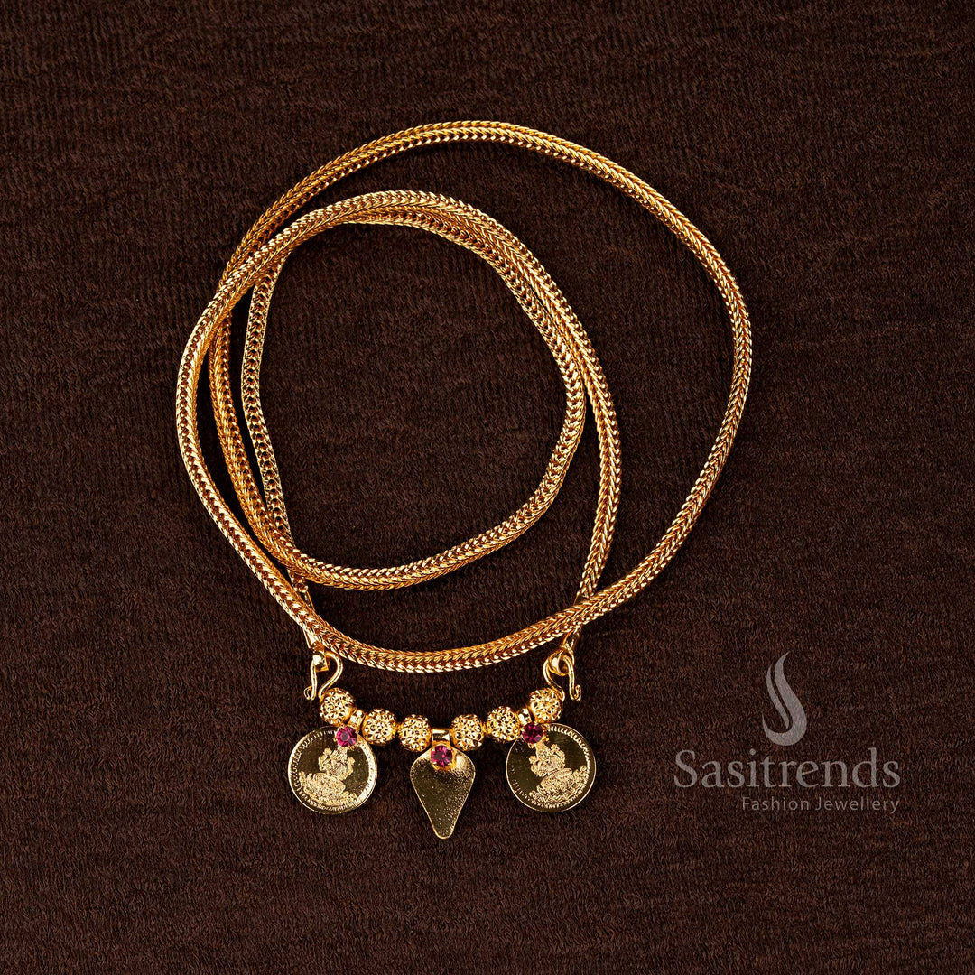 Sacred Lakshmi coin guaranteed micro gold plated mangalsutra thaali pendant chain suitable for South Indian wedding rituals and thirumangalyam jewellery styling - Sasitrends