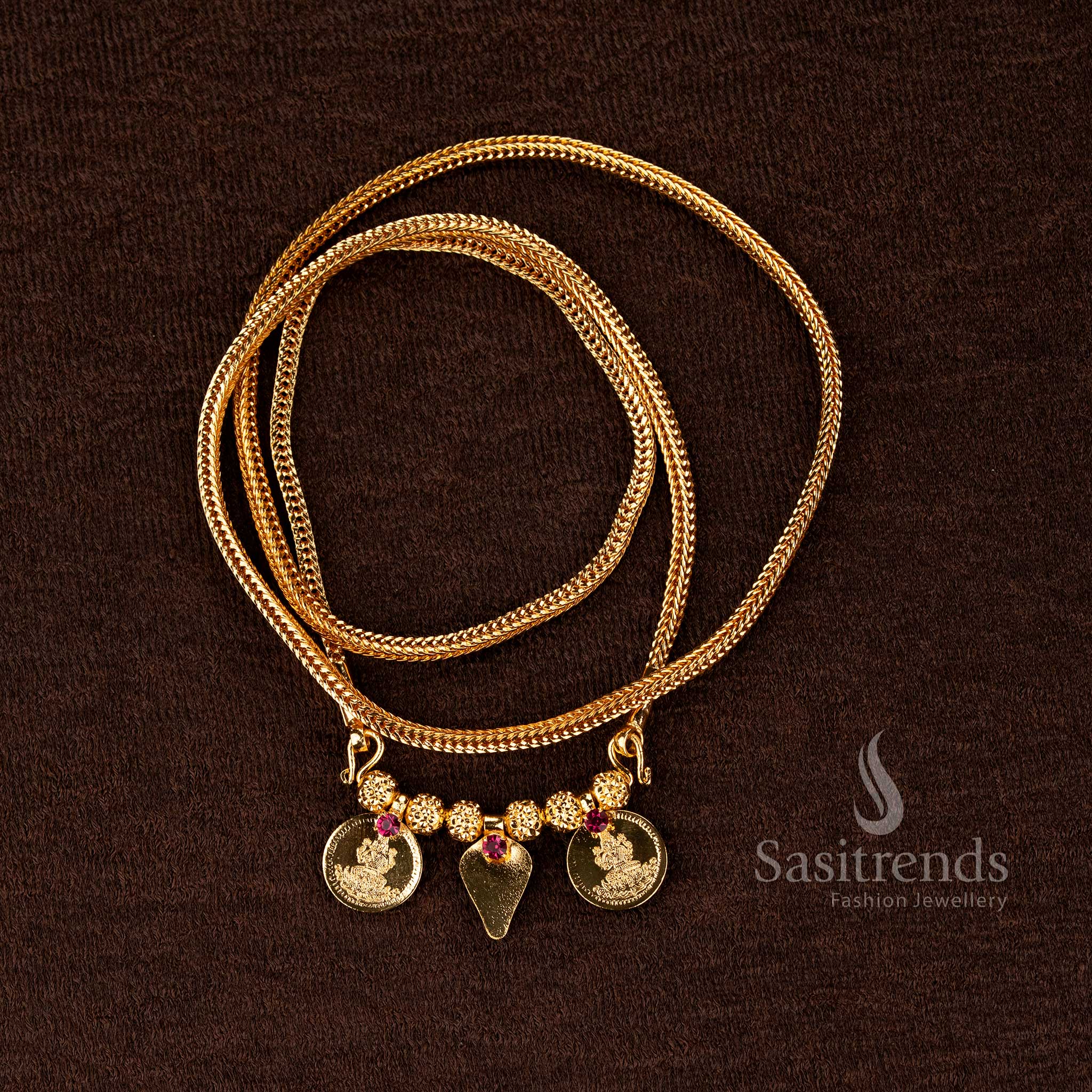 Sacred Lakshmi coin guaranteed micro gold plated mangalsutra thaali pendant chain suitable for South Indian wedding rituals and thirumangalyam jewellery styling - Sasitrends