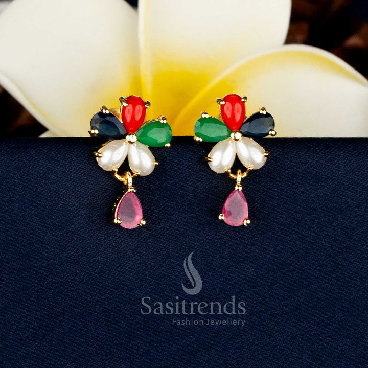 Regal Monarch micro gold plated teardrop floral earrings adorned with AD stones, navarathnam stones, and pearl detailing, ideal for festive occasions and family functions – Sasitrends