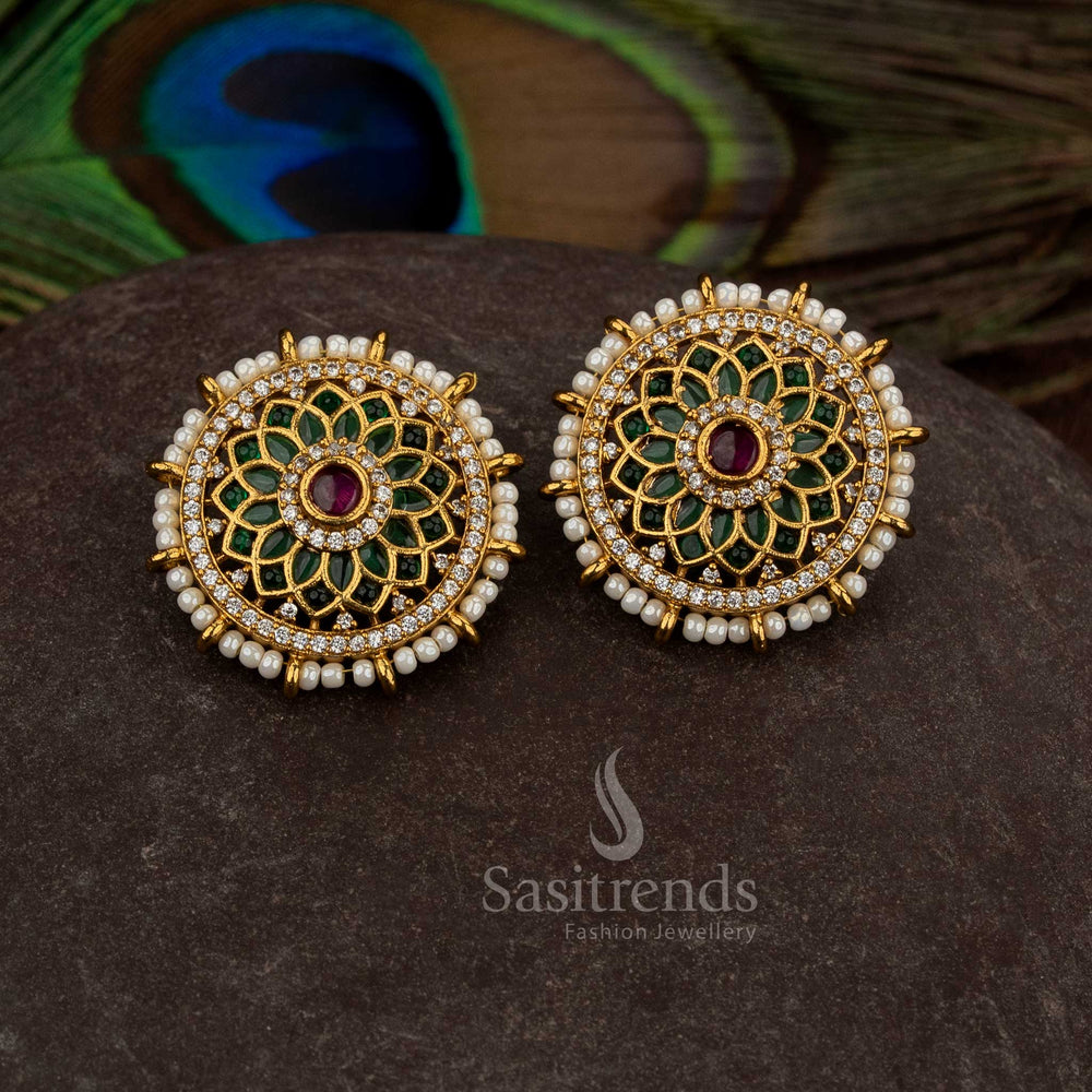 Graceful matte gold plated green multi temple sunflower stud earrings adorned with pearls and AD stones - Sasitrends