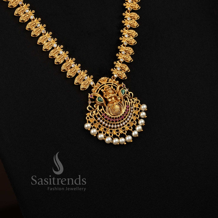 Exquisite matte gold plated dual peacock necklace featuring intricate Lakshmi lotus floral multi-stone design, ideal for festive occasions and ceremonial jewellery - Sasitrends