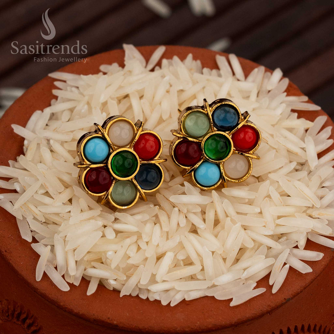 Regal Matte Gold Flower Pattern Pearl Stud Earrings Adorned With Navarathna Tones And AD Stone Details, A Cultural Festive Jewellery Highlight For Special Occasions – Sasitrends