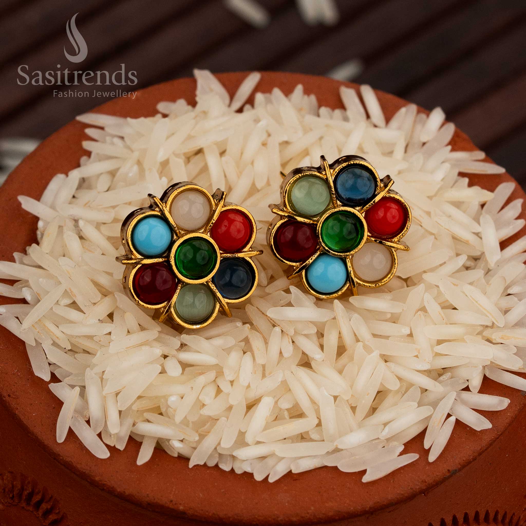 Regal Matte Gold Flower Pattern Pearl Stud Earrings Adorned With Navarathna Tones And AD Stone Details, A Cultural Festive Jewellery Highlight For Special Occasions – Sasitrends