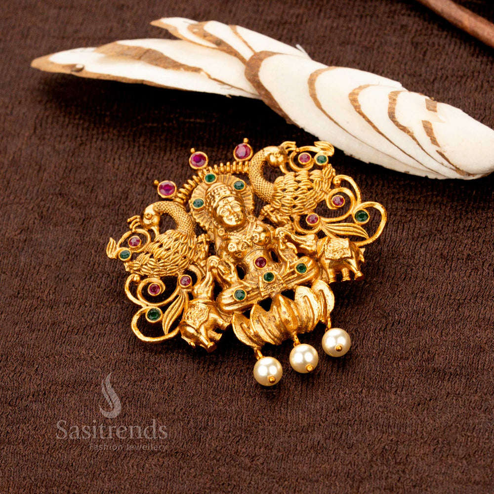 Elegant Traditional Temple Matte Gold Lakshmi Peacock Pendant and Earrings Set