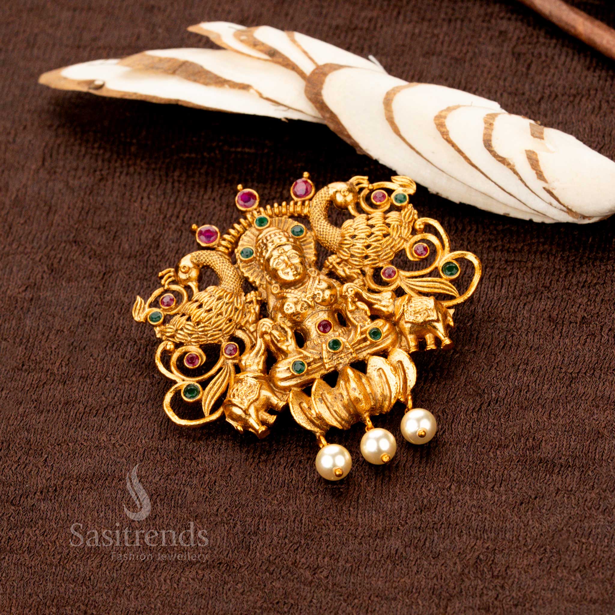Elegant Traditional Temple Matte Gold Lakshmi Peacock Pendant and Earrings Set