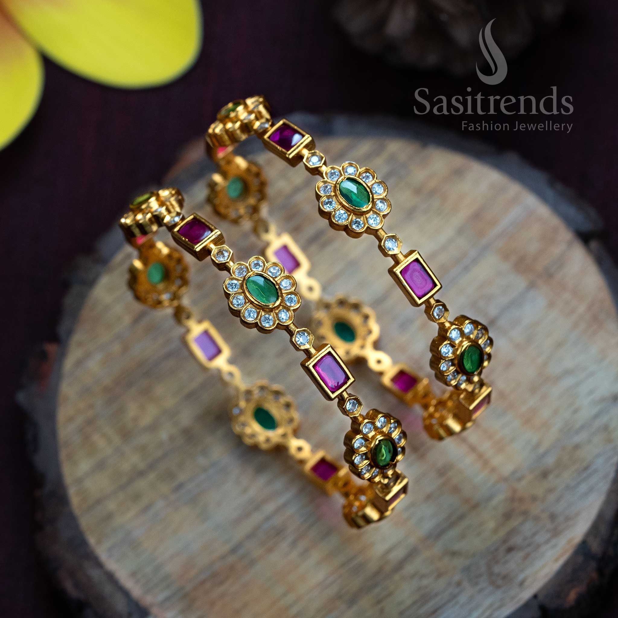 Royal temple matte gold plated bangles with flower and rectangle designs, showcasing detailed carving and graceful appeal for bridal wear – Sasitrends