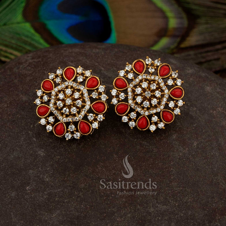Beautiful Matte Gold Plated Temple Floral Stud Earrings with Teardrop AD Stones Pavalam, Navarathna – Sasitrends