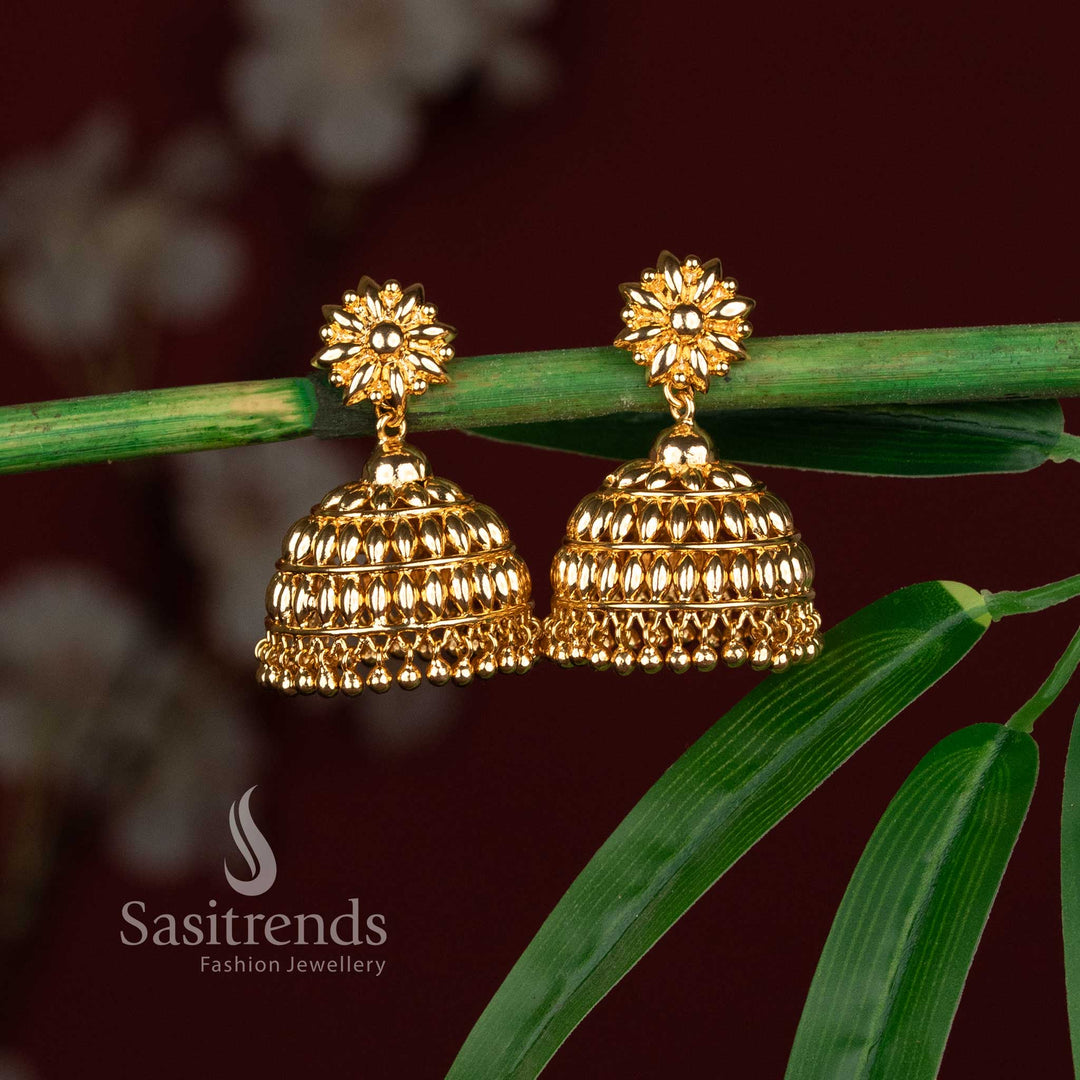 Divine Micro Gold Plated Sunflower Paddy Jhumka Earrings with Gold Ghungroos for Women – Wedding, Temple & Festive Wear - Sasitrends