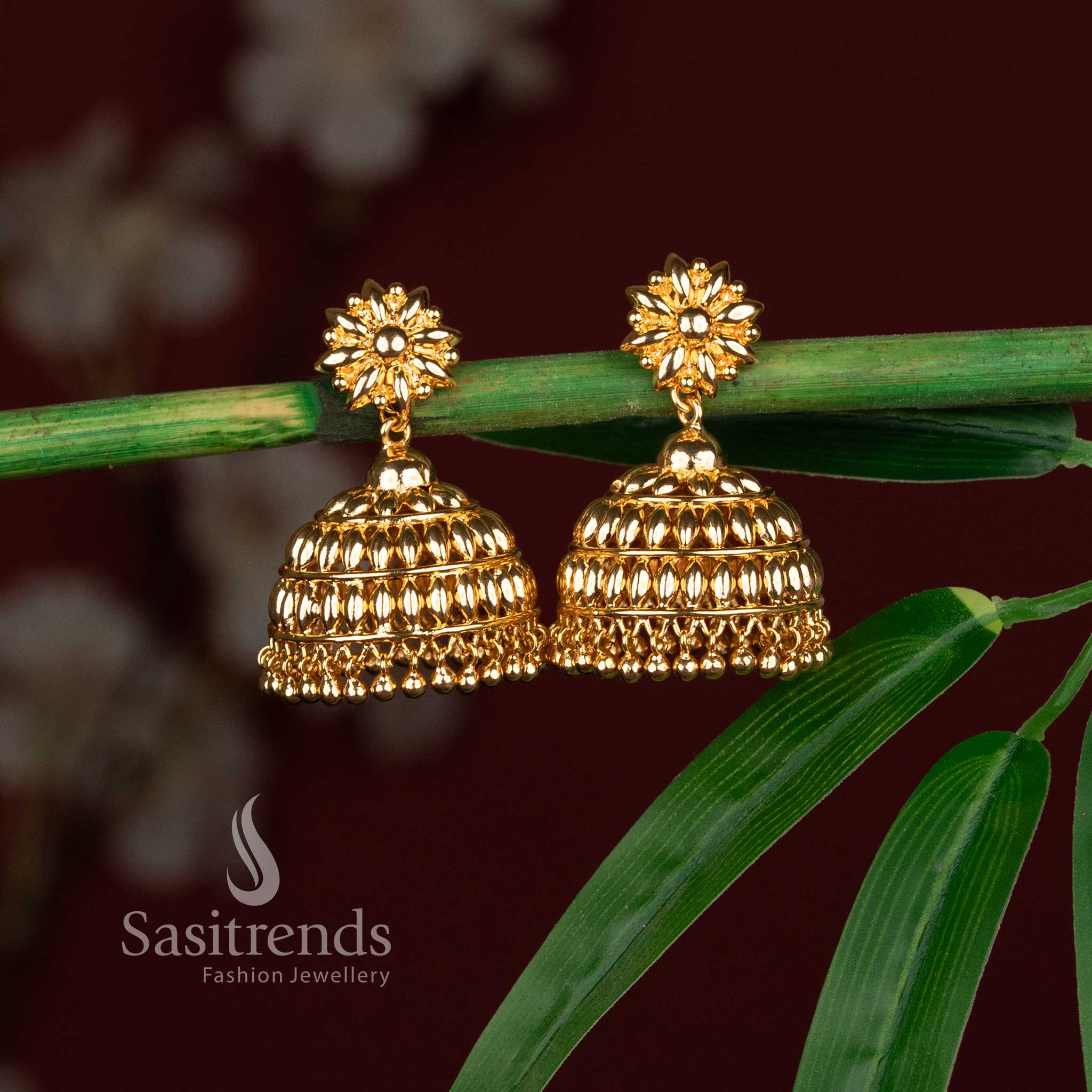 Divine Micro Gold Plated Sunflower Paddy Jhumka Earrings with Gold Ghungroos for Women – Wedding, Temple & Festive Wear - Sasitrends