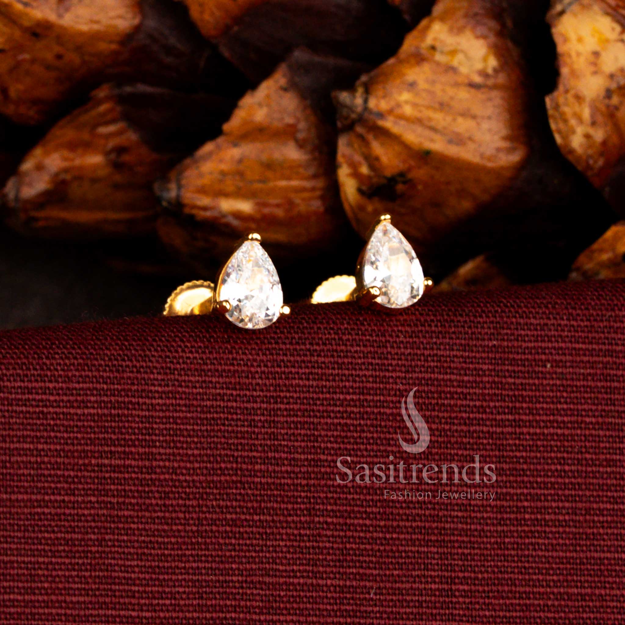 Glamorous micro gold plated teardrop stud earrings in white featuring elegant temple-inspired design, suited for cultural events, festivals, and grand celebrations – Sasitrends