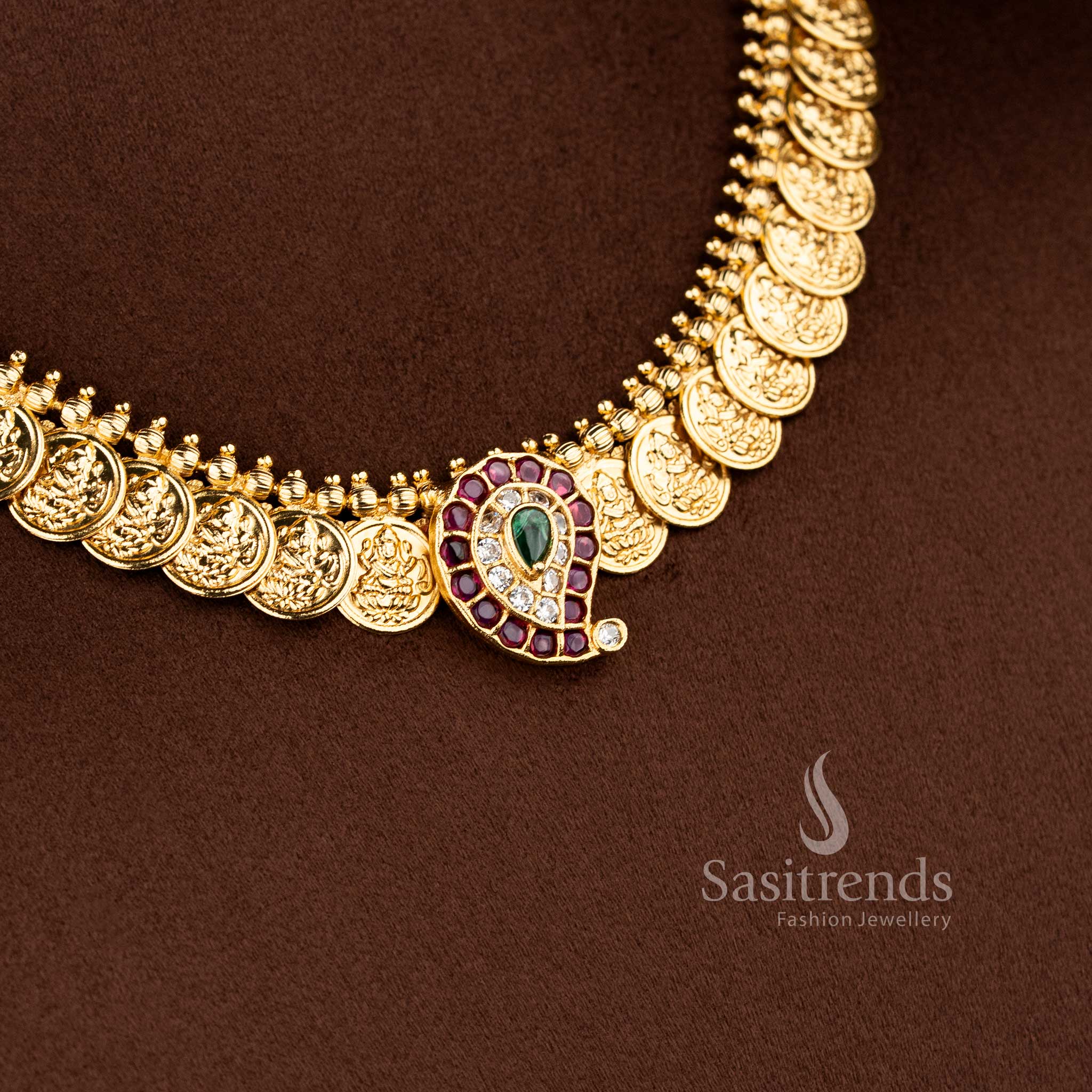 Elegant multi matte gold plated Kemp Lakshmi coin short necklace set, beautiful accessory for festive saree wear - Sasitrends
