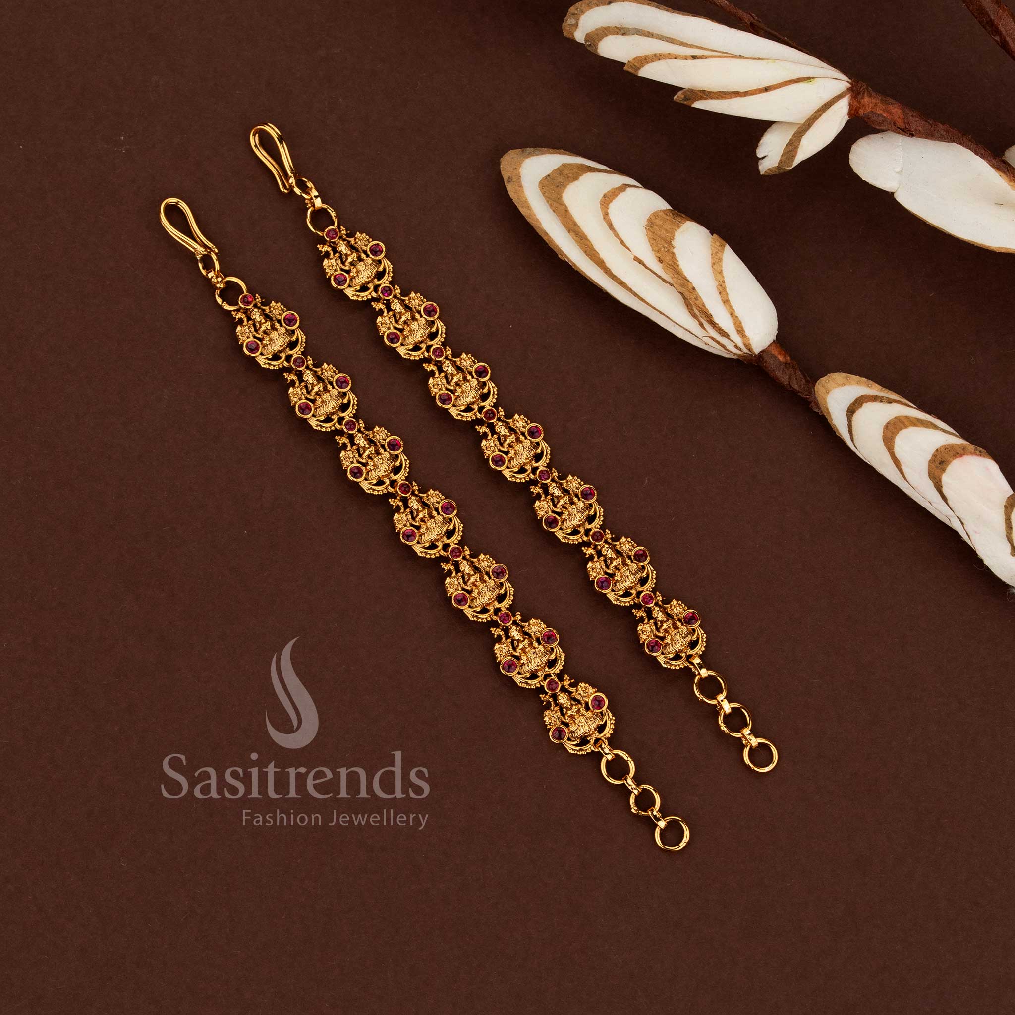 Elegant beautiful temple matte gold plated Lakshmi motif matil ear chain designed for ethnic traditional wear ruby - Sasitrends