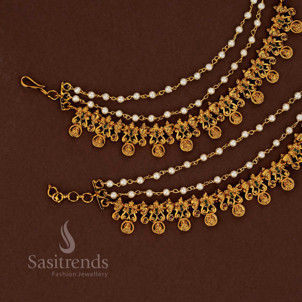 Elegant royal temple matte gold plated American diamond matils with pearl drops designed for bridal occasions ruby green - Sasitrends