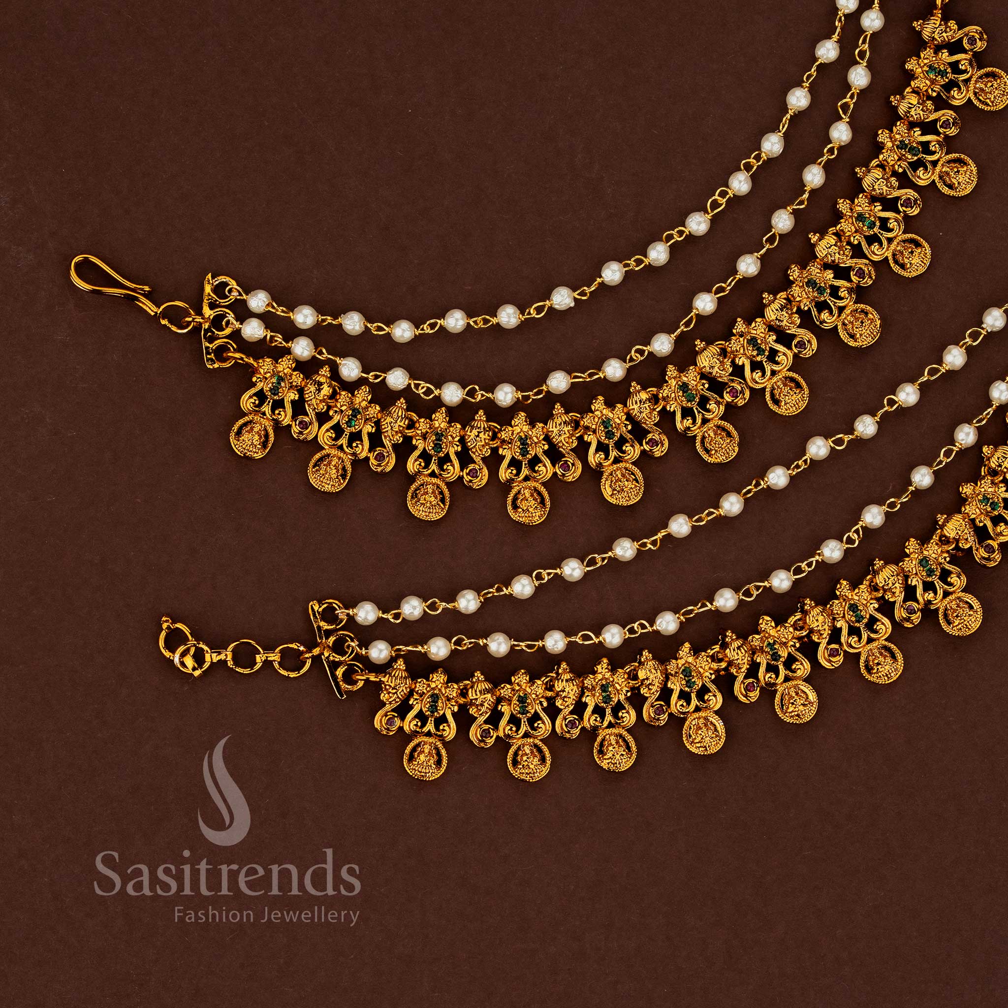 Elegant royal temple matte gold plated American diamond matils with pearl drops designed for bridal occasions ruby green - Sasitrends