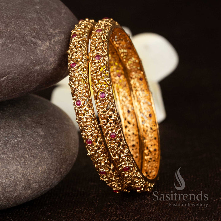Premium Temple Matte Gold Plated Floral Nakshi Work Heritage Bangle with Round Stone Settings