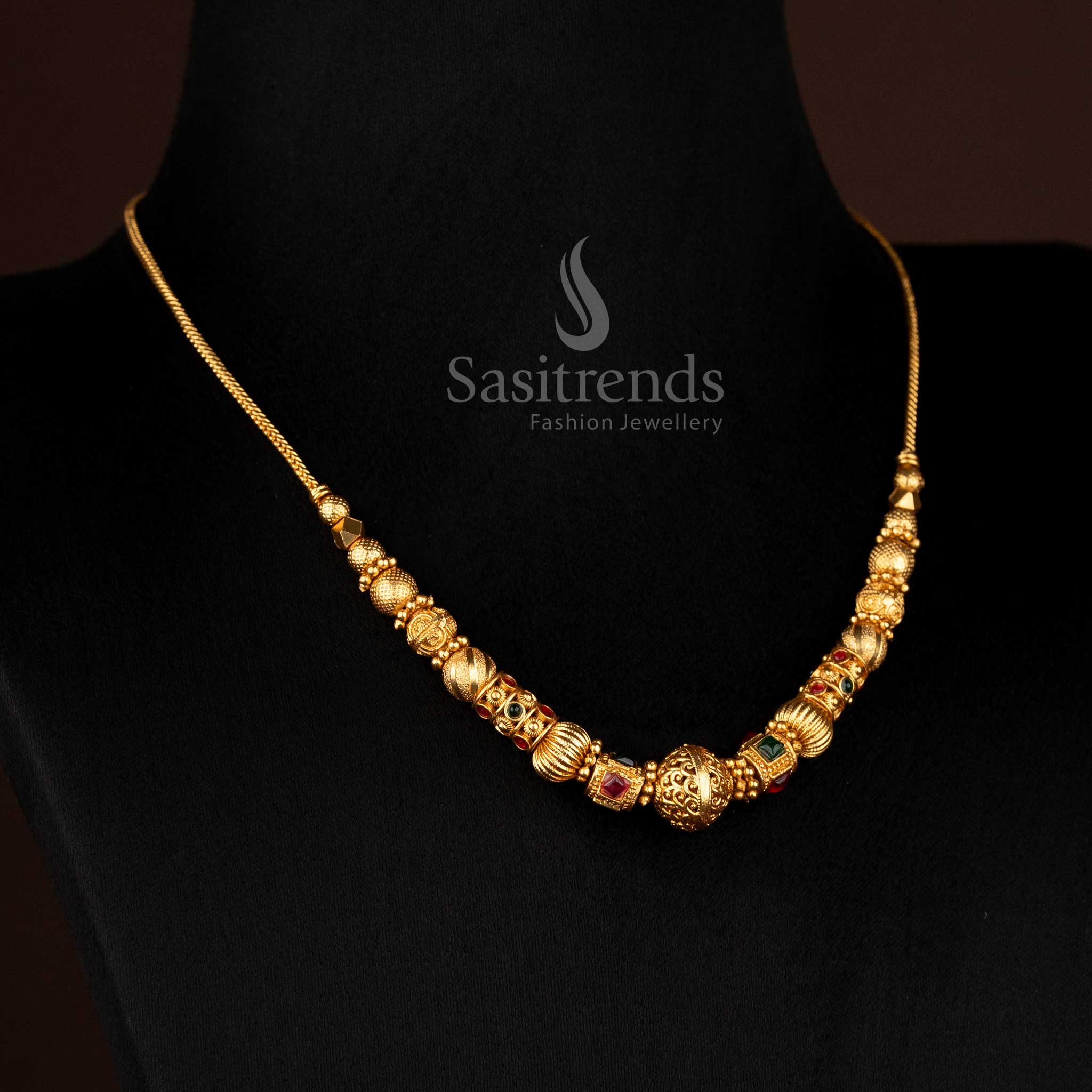 Heritage Temple Matte Gold Plated Ball Chain Necklace Celebrating Traditional Wedding Elegance and Exquisite Temple Jewellery Artistry – Sasitrends