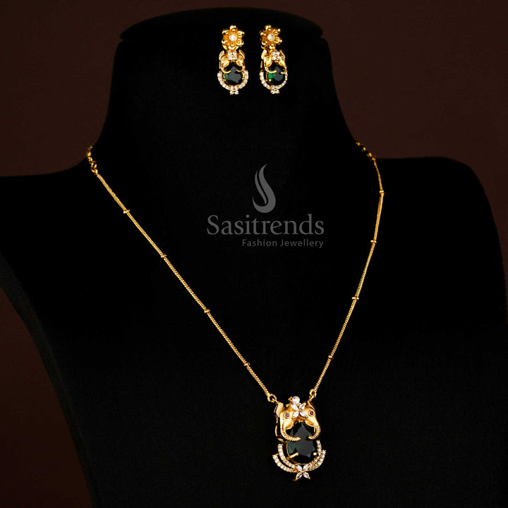 Grand Temple Matte Gold Plated Elephant Pendant Chain With Earrings Green Stone Ceremonial Jewellery Crafted For Special Occasions By Sasitrends