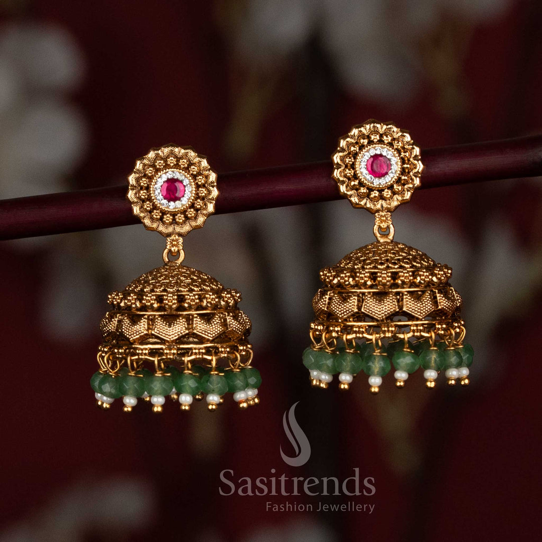 Traditional premium temple matte gold plated jhumka earrings with antique-finish AD stone studs and delicately crafted bead hangings, perfect for festive saree styling – Sasitrends