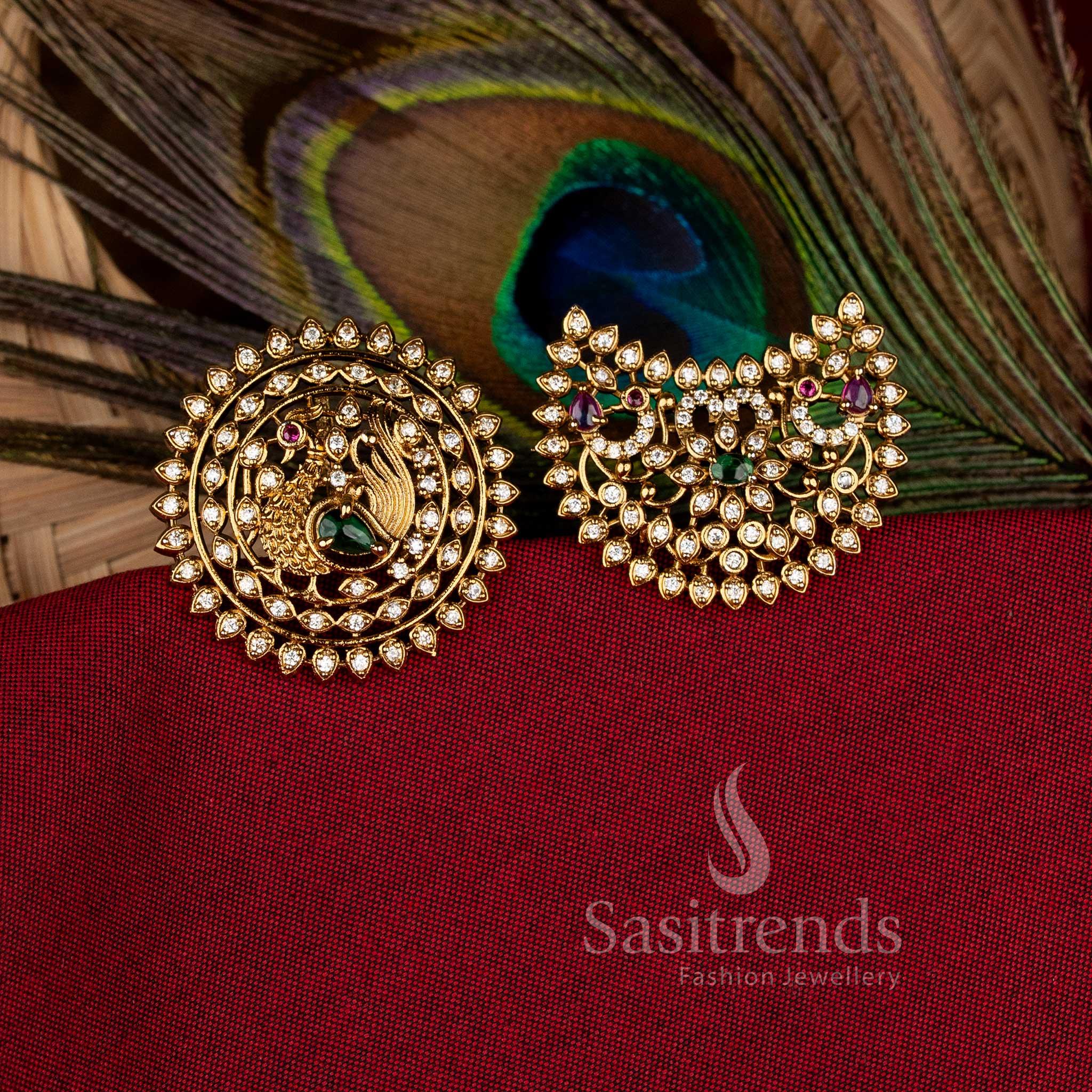 Majestic temple matte gold plated peacock floral crescent jadai billai hair accessories, exquisitely crafted for bridal festive wear and traditional cultural elegance by Sasitrends