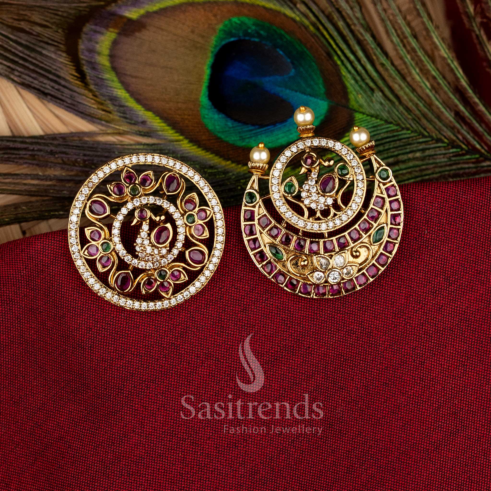 Traditional Temple Matte Gold Plated Peacock Chandran Round Floral Crescent With Pearl AD Stone Jadai Billai Hair Accessories Set - Sasitrends