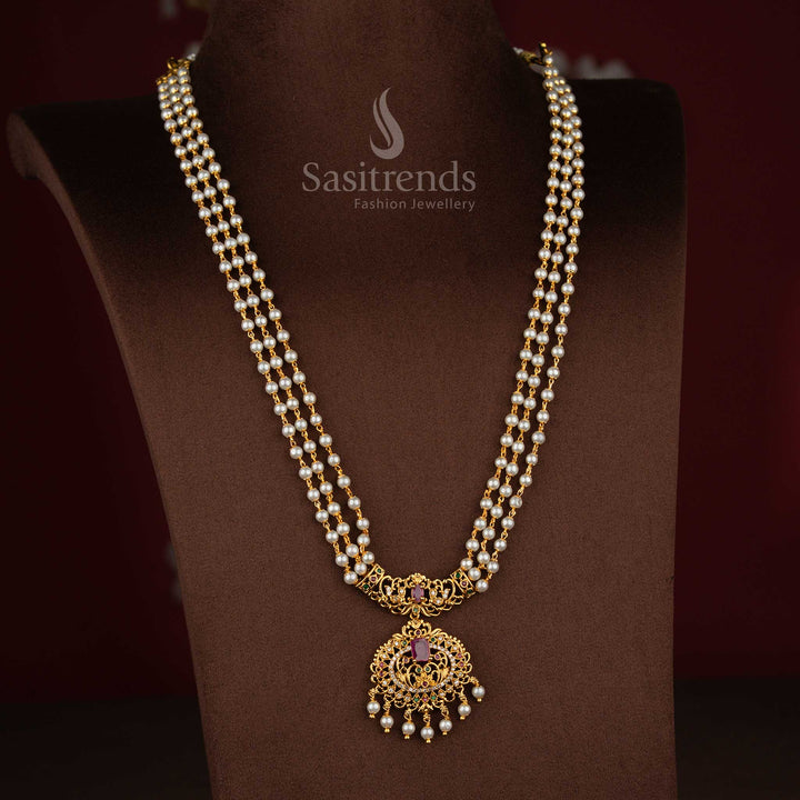 Heritage grace matte gold plated three layer pearl pendant temple long haram necklace perfect for festive worship, pooja occasions, and traditional gatherings – Sasitrends